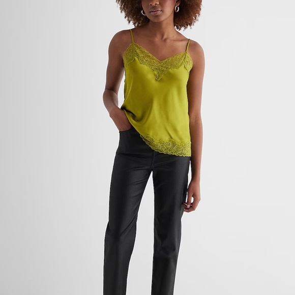 Express Satin Lace Trim V-Neck Downtown Cami - Chartreuse M - Picture 4 of 4